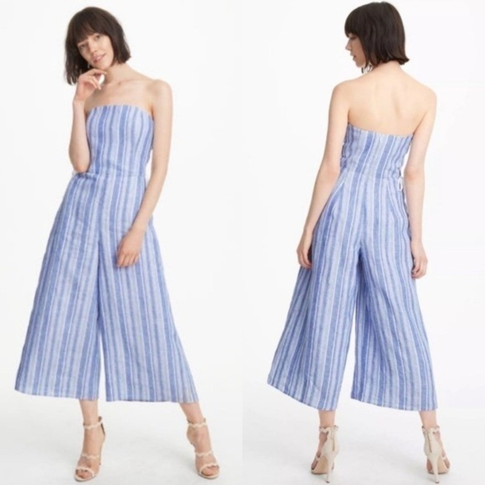 Club Monaco Allentin Striped Strapless Wide Leg Jumpsuit Lace Up Blue White 4